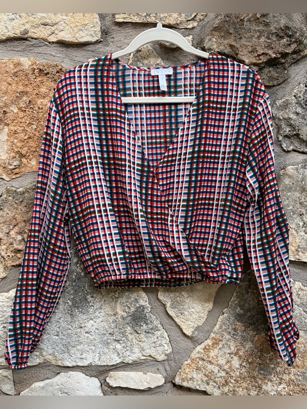 LEITH Multi Check Plaid Wrap-Front Long Sleeve Crop Top Blouse SMALL